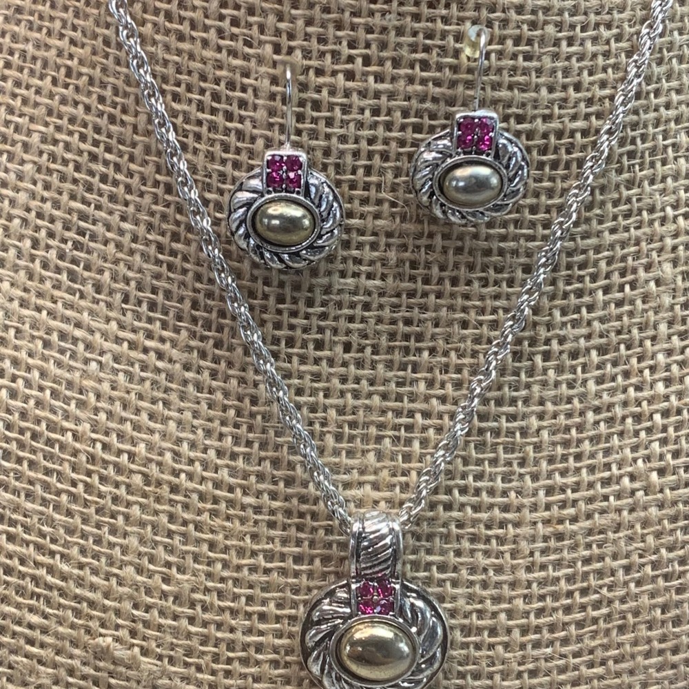 Silver Tone Pink Rhinestone Rope Circle Necklace and Earring Set 16 Inch 5525 - Picture 2 of 6